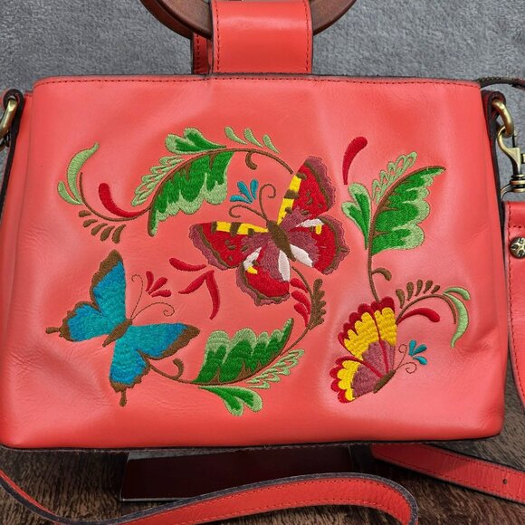 Patricia Nash Empoli Leather Satchel Watercolor Butterfly Embroidery Coral Wood - Picture 3 of 16
